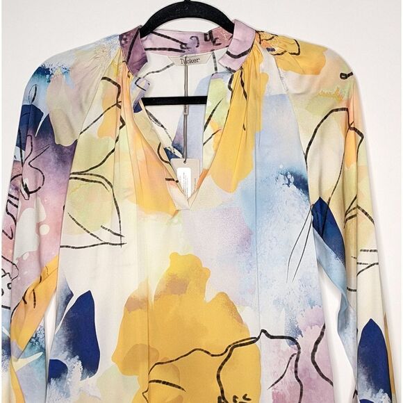 Tucker Long Sleeve Polo Blouse Watercolor Dream in Stretch Georgette Silk Floral - Picture 2 of 9